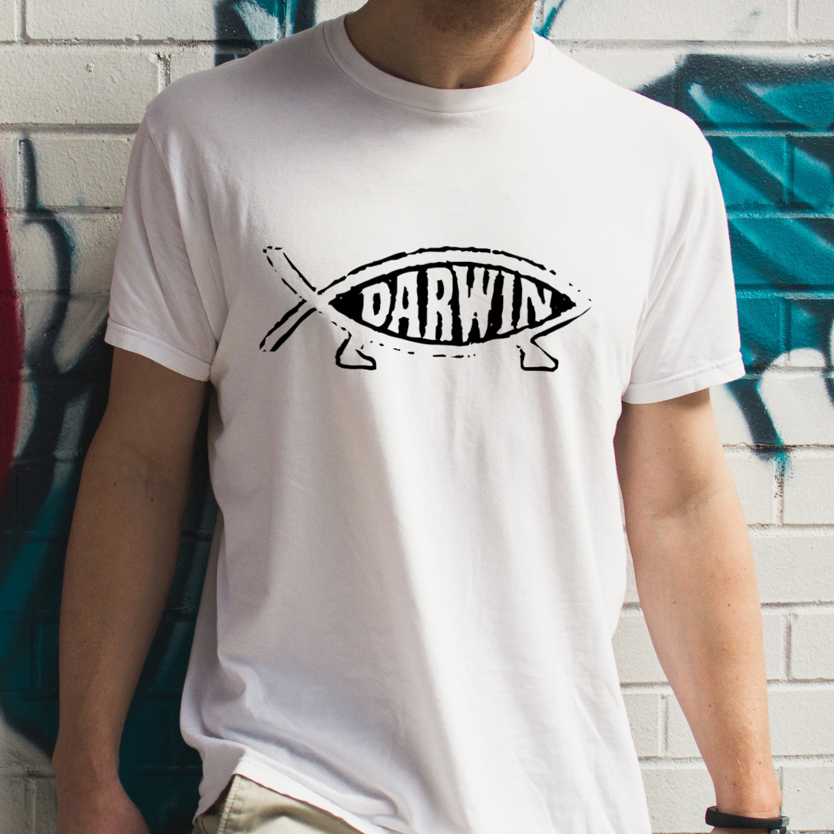 Darwin fish - Męska Koszulka Biała
