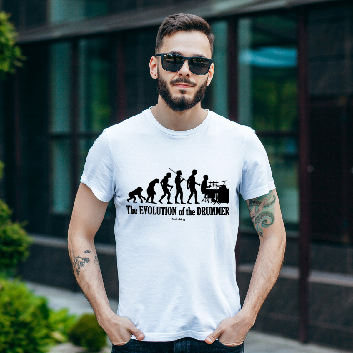 Ewolucja do perkusisty - Męska Koszulka Biała