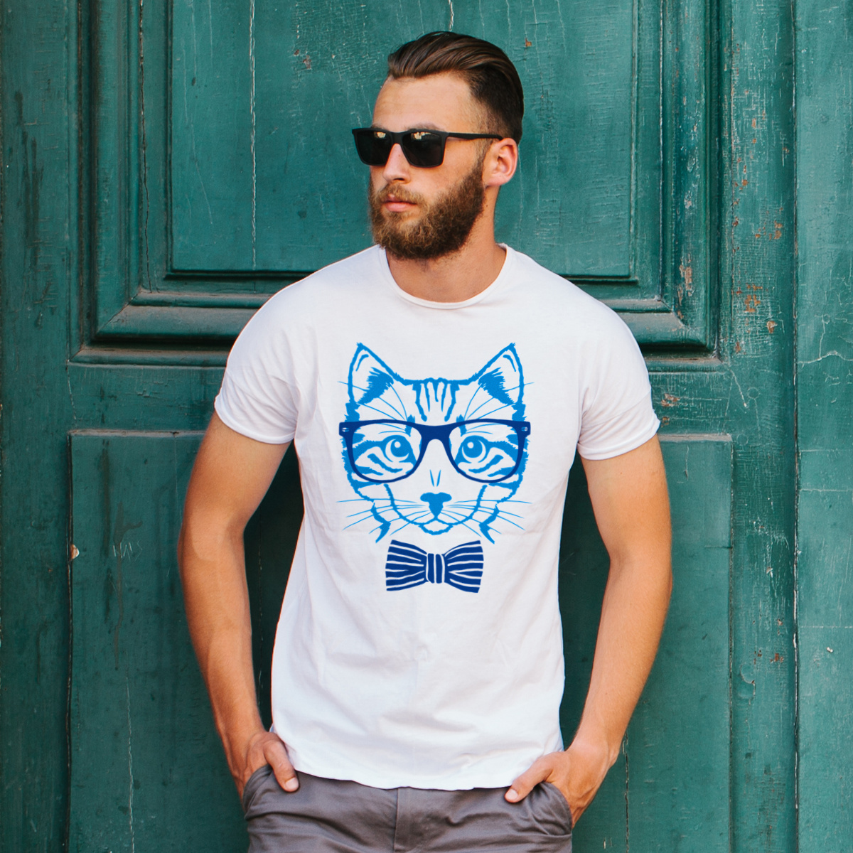 Hipster Cat Kot - Męska Koszulka Biała