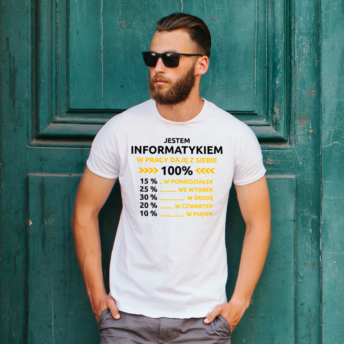 Informatyk W Pracy Daje Z Siebie 100% - Męska Koszulka Biała