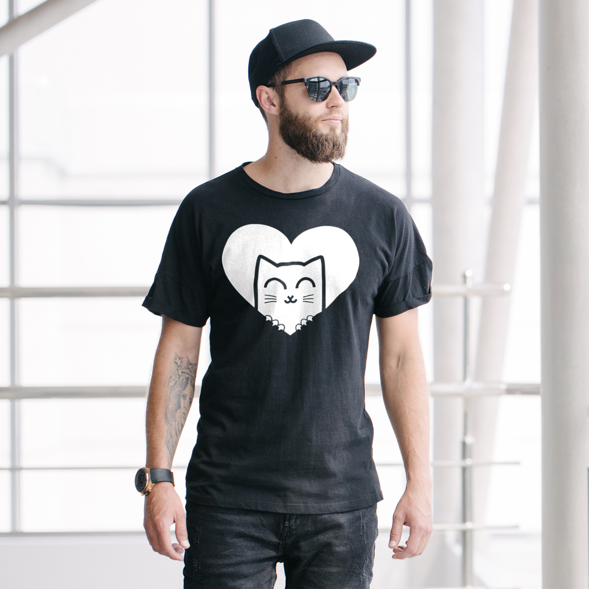 Kot Walentynkowy - Męska Koszulka Czarna