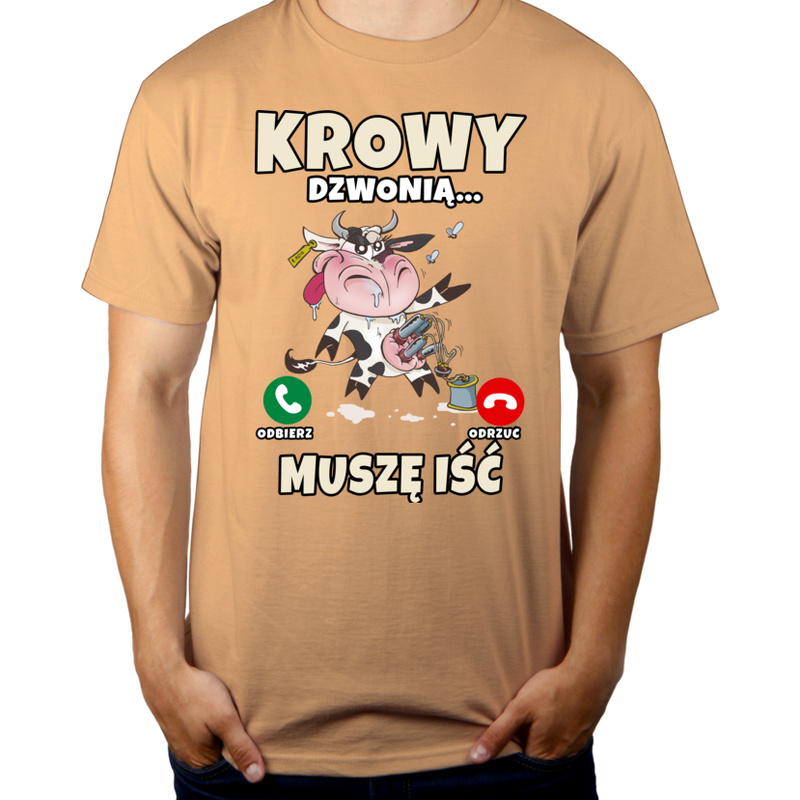 Krowy dzwonią muszę iść - Męska Koszulka Piaskowa