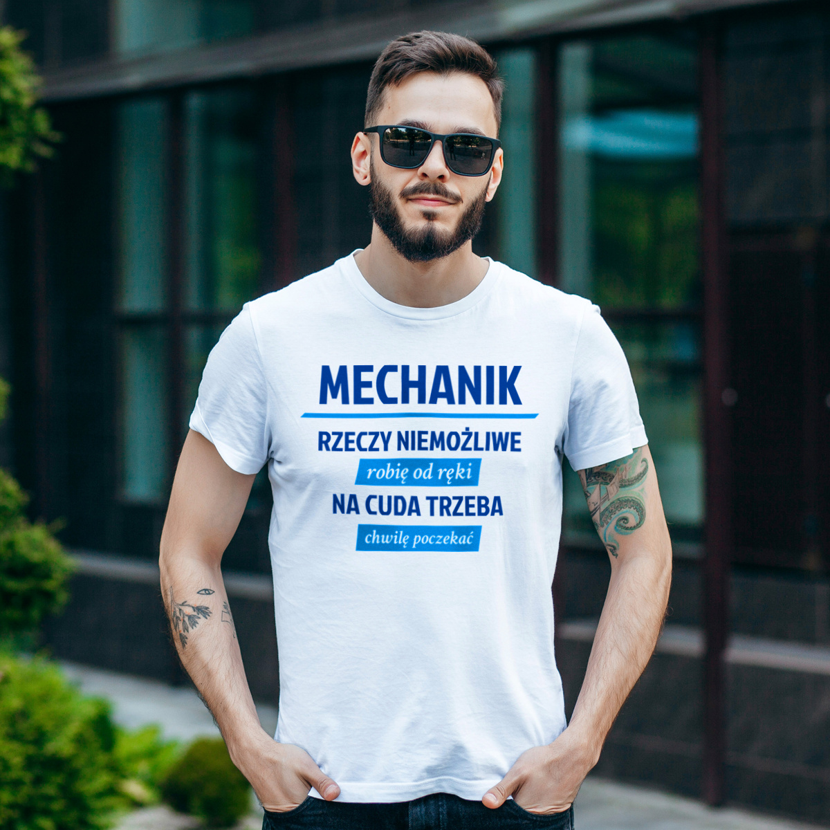 Mechanik - Rzeczy Niemożliwe Robię Od Ręki - Na Cuda Trzeba Chwilę Poczekać - Męska Koszulka Biała