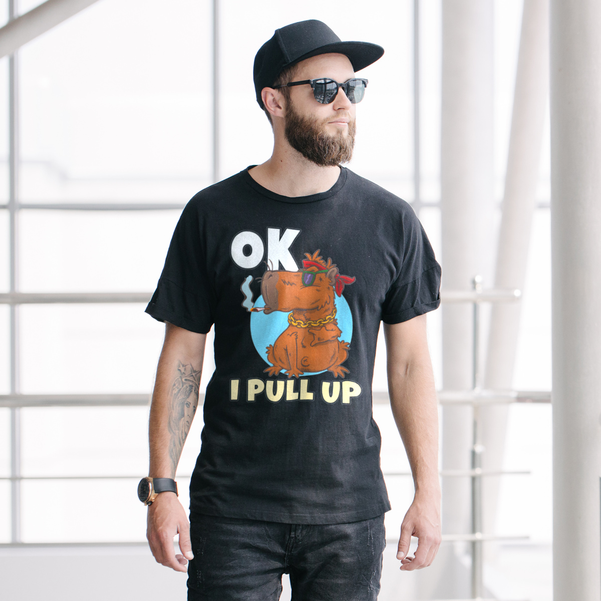 Ok I Pull Up Kapibara - Męska Koszulka Czarna