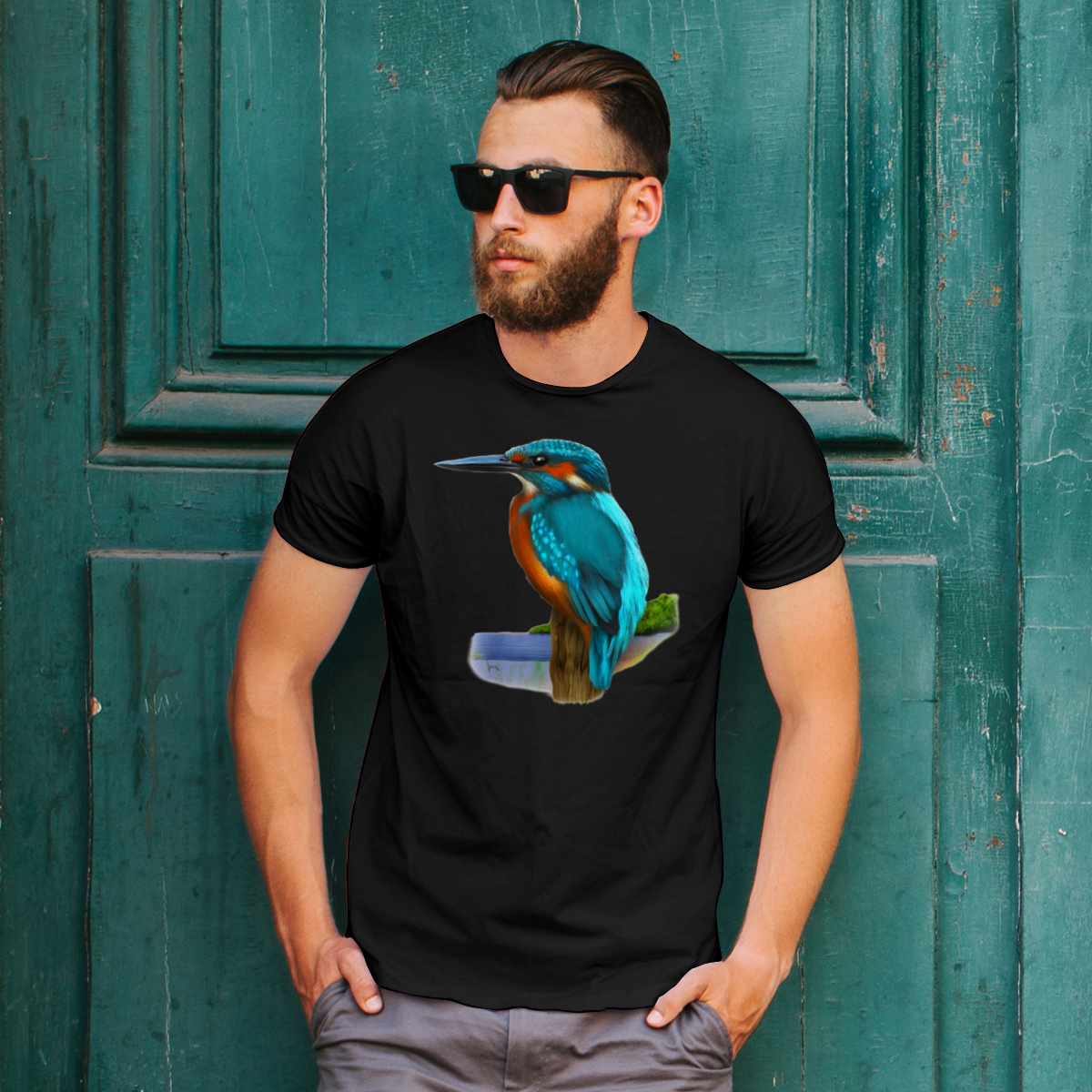 Ptak Zimorodek - Męska Koszulka Czarna
