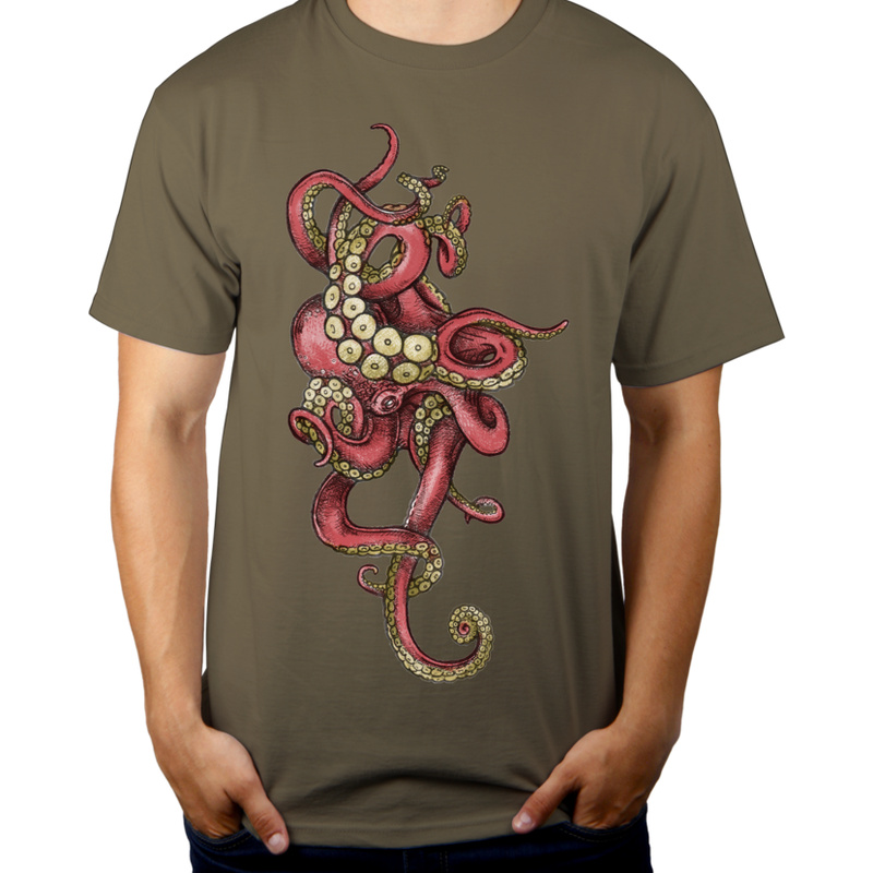 Red Octopus - Męska Koszulka Khaki