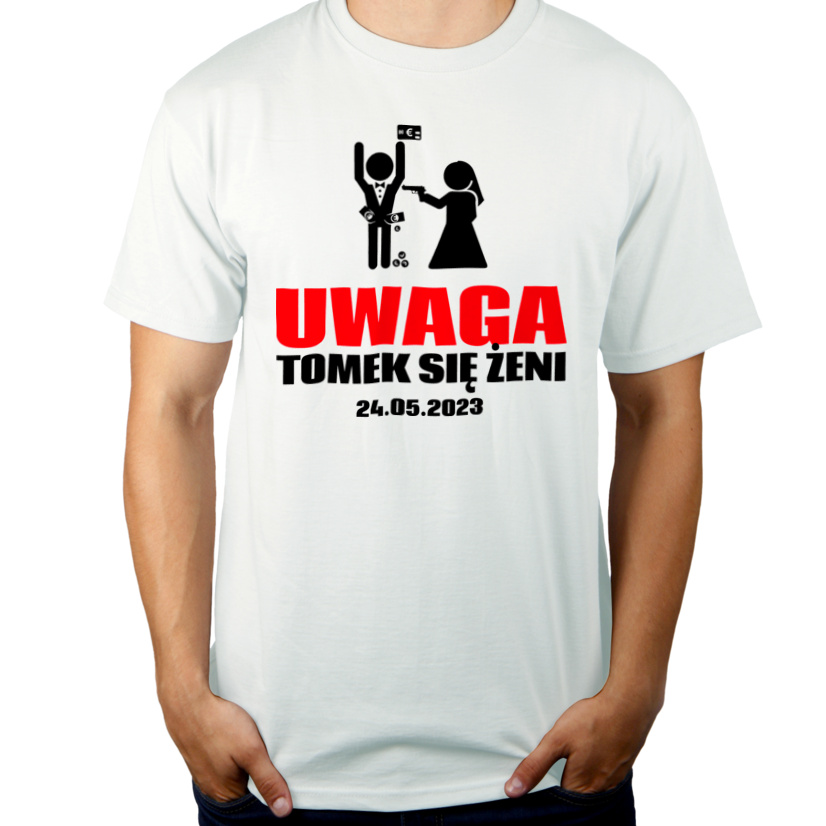 UWAGA- Się Żeni Wieczór Kawalerski - Męska Koszulka Biała